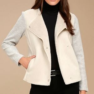 BB Dakota Glenna Heather Grey and Beige Suede Sherpa Coat